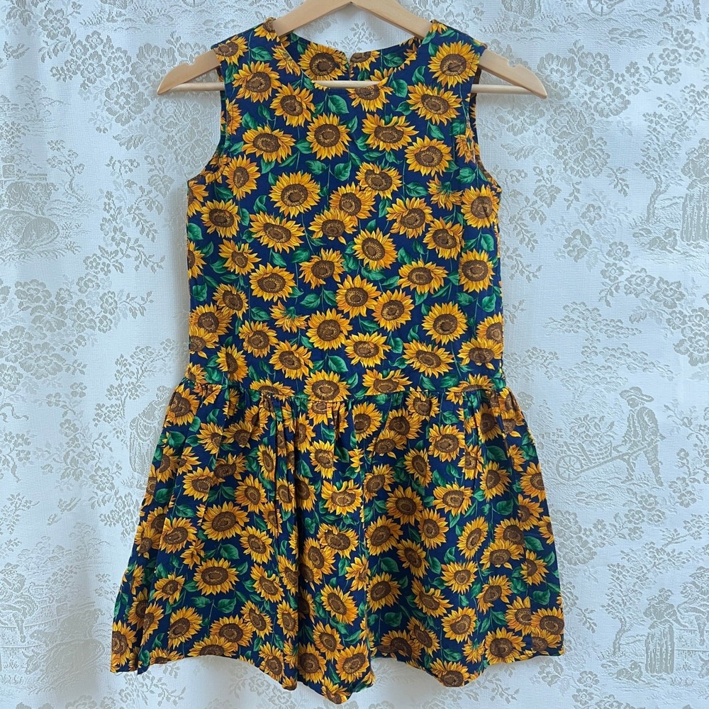 Unbranded Girl Dress Cottagecore Navy Sunflower Drop Waist Sleeveless Vintage 12